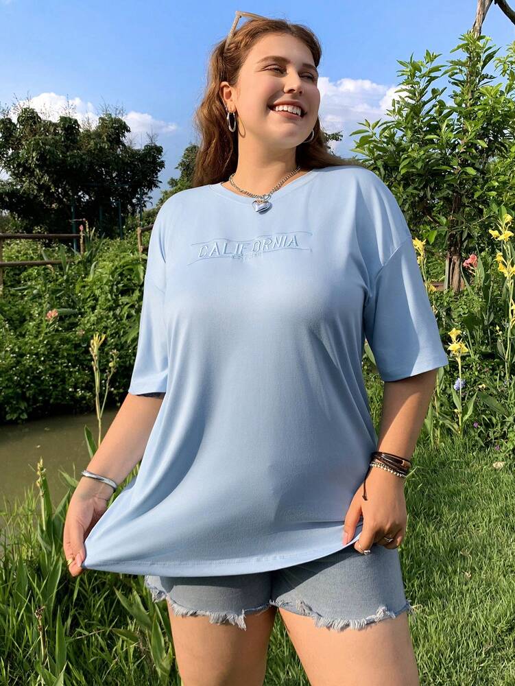 Plus Size Women's Letter Embroidery Drop Shoulder Tee Casual Loose Fit Short Sleeve Summer Top Fashionable Everyday Outfit For Ladies