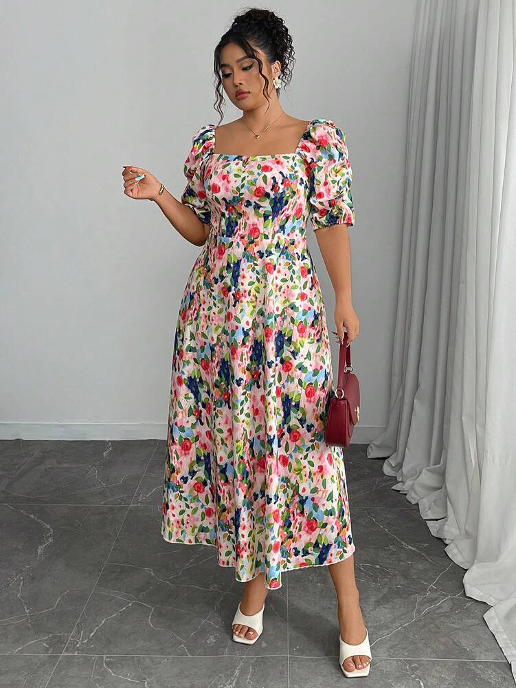 Plus Size Women's Printed A Line Dress Square Neck Puff Sleeve Ruched Hem Casual Elegant Style Comfortable Fashion Summer Outfit