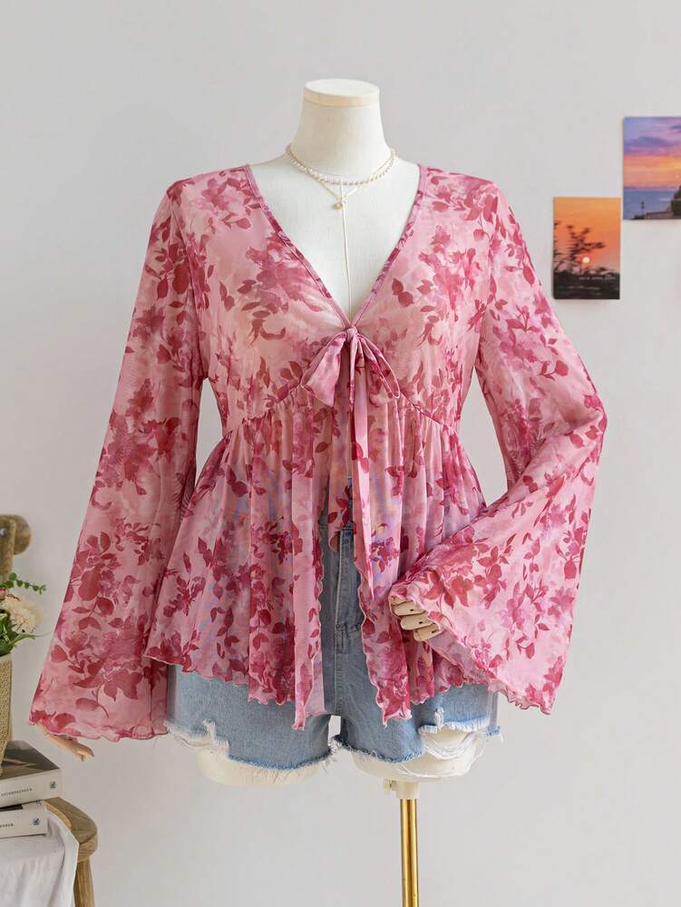 Plus Size Women's Floral Print Mesh Cardigan With Cinched Waist Bell Sleeve Casual Vacation Outfit Fall Winter Holiday Clothing Fashion