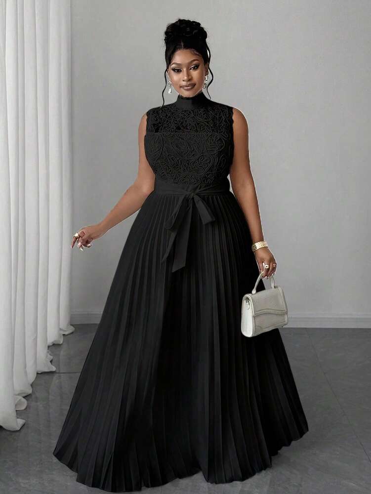 Plus Size Women's Contrast Lace Sleeveless Dress Pleated Hem Elegant Waist Casual Summer Evening Party Wear Clothing Vacation Style
