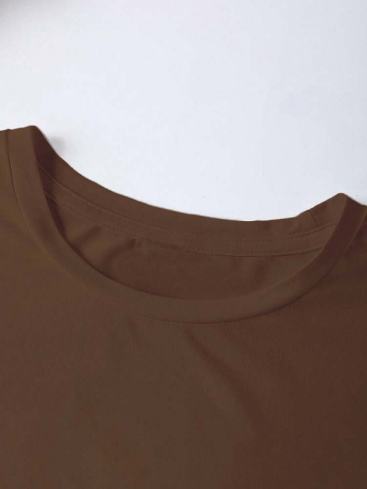 Plus Size Women's Brown Short Sleeve Round Neck T Shirt With Cute Sexy Printed Pattern Casual Fashion Comfortable Home Wear Summer Top