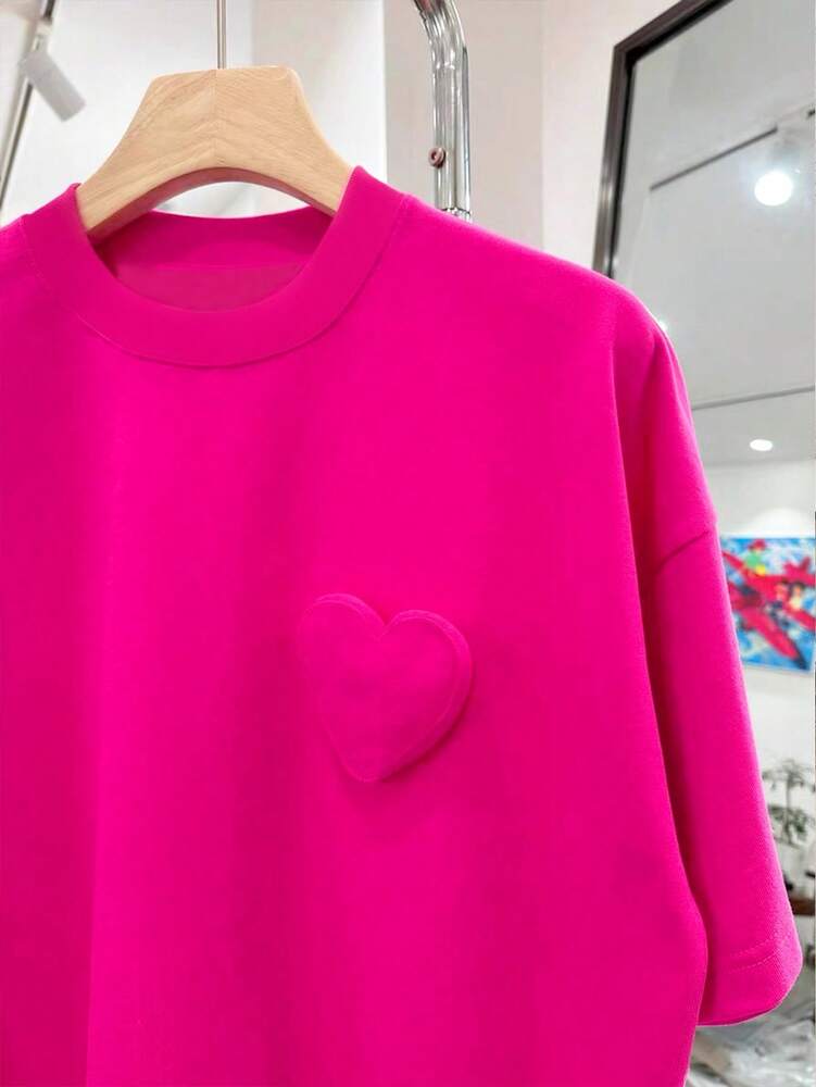 Plus Size Women's Handmade 3D Heart Decor Round Neck Loose Fit T Shirt Cute Summer Casual Top Comfortable Fashion Daily Wear Clothing