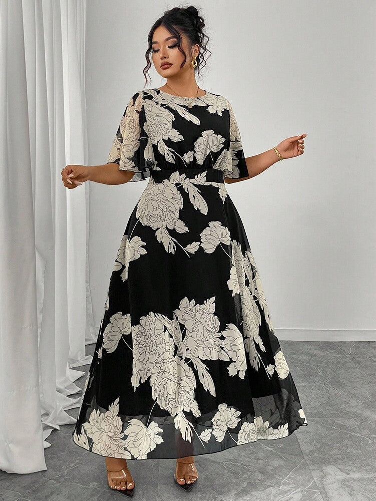 Plus Size Women's Elegant Chiffon Maxi Dress Round Neck Ruffle Flare Sleeve Fitted Flowy Style Fashion Spring Summer Evening Outfit