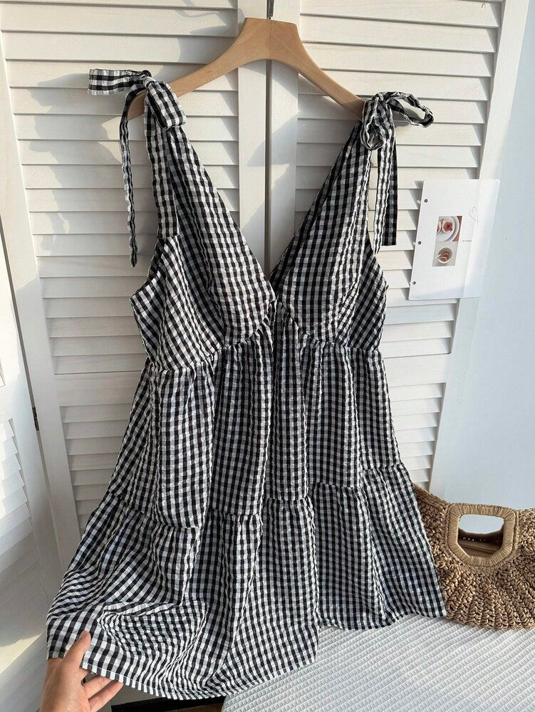 Plus Size Women's Black White Plaid V Neck Tie Front Casual Dress Babydoll Style Vacation Country Concert Work Teacher Office Outfit