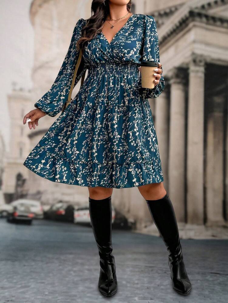 Plus Size Women's Floral Print Long Sleeve Ruffle Hem Dress Casual Autumn Fashion Outfit Comfortable Elegant Clothing For Fall Winter
