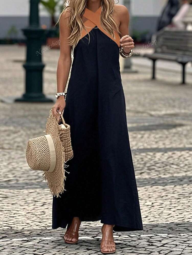 Plus Size Women's Color Block Maxi Dress Sleeveless V Neck Elegant Style Casual Daily Commute Beach Vacation Party Wear Clothing Outfit