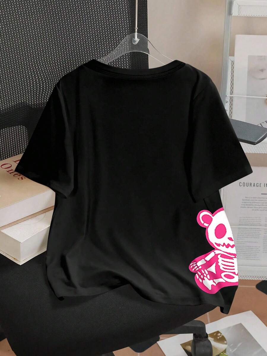 Plus Size Women's Brown Short Sleeve Round Neck T Shirt With Cute Sexy Printed Pattern Casual Fashion Comfortable Home Wear Summer Top