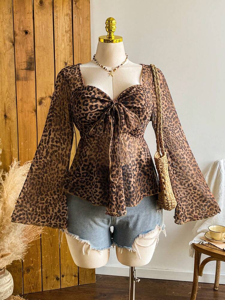 Plus Size Women's Vintage Leopard Print Puff Sleeve Crew Neck Top Casual Autumn Winter Fashion Blouse Comfortable Fall Clothing Outfit