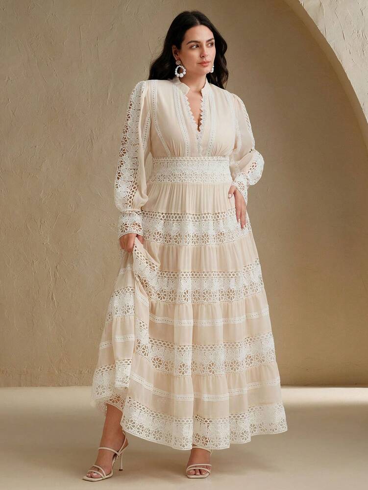 Plus Size Women's Hollow Lace Patchwork Floral Maxi Dress Romantic Elegant French Palace Style Spring Festival Holiday Fashion Outfit