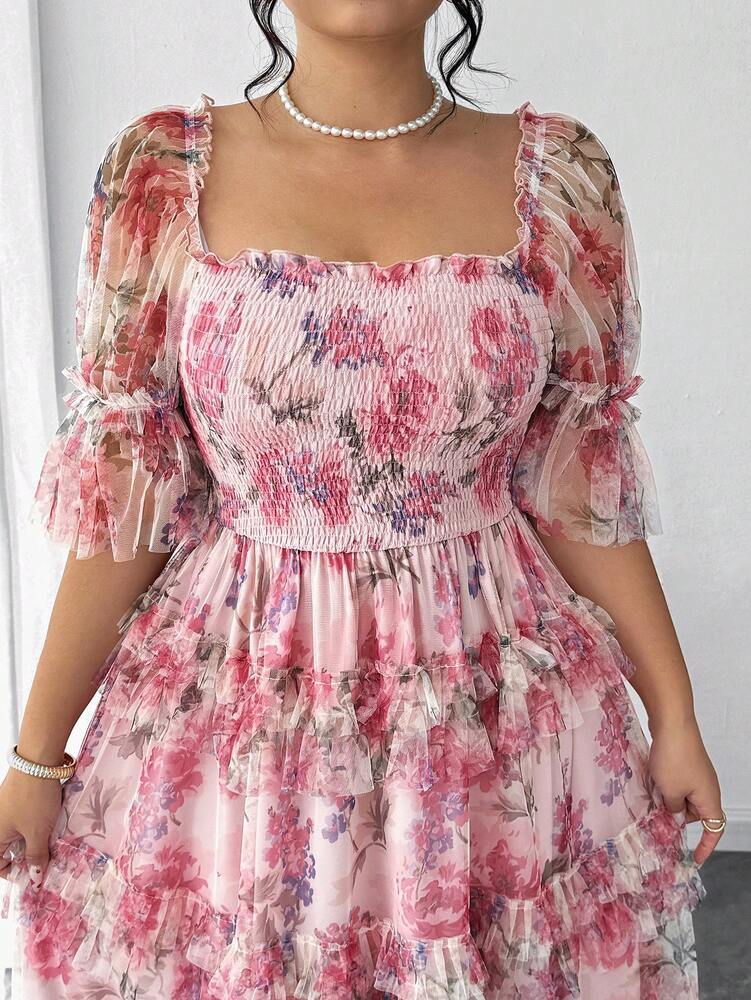 Plus Size Women's Romantic Floral Mesh Inlay Knitted Dress Elegant Sundress Casual Cocktail Party Birthday Spring Break Fashion Outfit