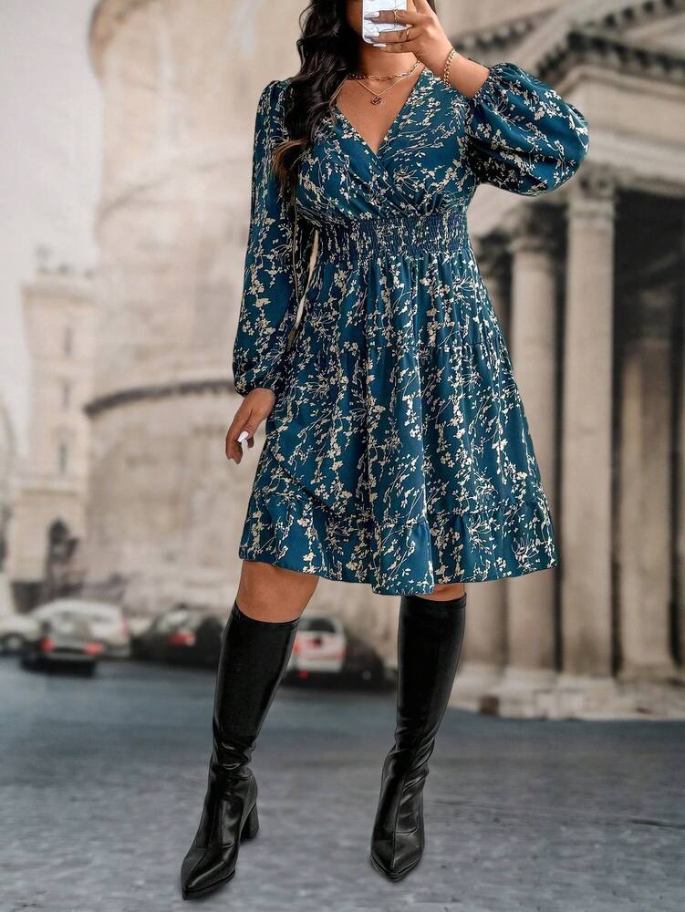 Plus Size Women's Floral Print Long Sleeve Ruffle Hem Dress Casual Autumn Fashion Outfit Comfortable Elegant Clothing For Fall Winter
