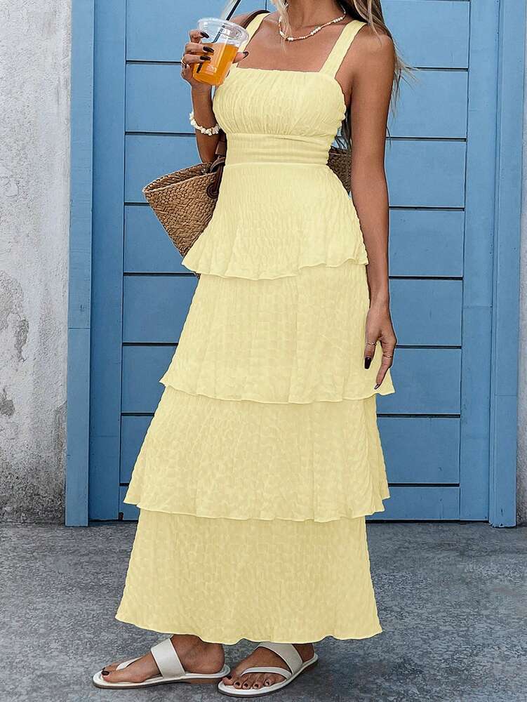 Plus Size Women's Solid Color Spaghetti Strap Ruffle Hem Dress Casual Vacation Style Wedding Guest Outfit Summer Elegant Fashion Wear