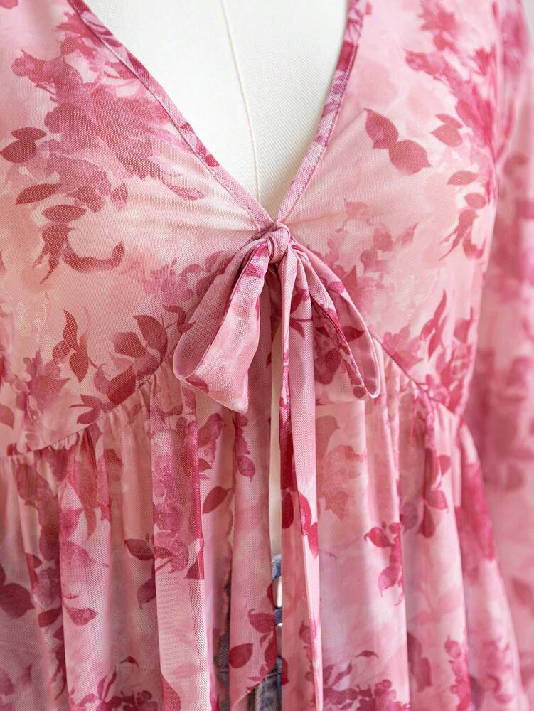 Plus Size Women's Floral Print Mesh Cardigan With Cinched Waist Bell Sleeve Casual Vacation Outfit Fall Winter Holiday Clothing Fashion