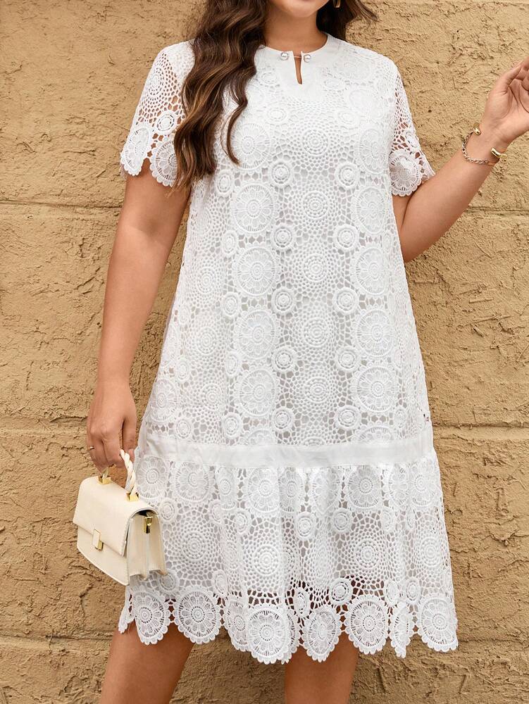 Plus Size Women's Lace Ruffle Hem A Line Dress Round Neck Short Sleeve Elegant Formal Gown Party Prom Wedding Guest Outfit Vacation Wear