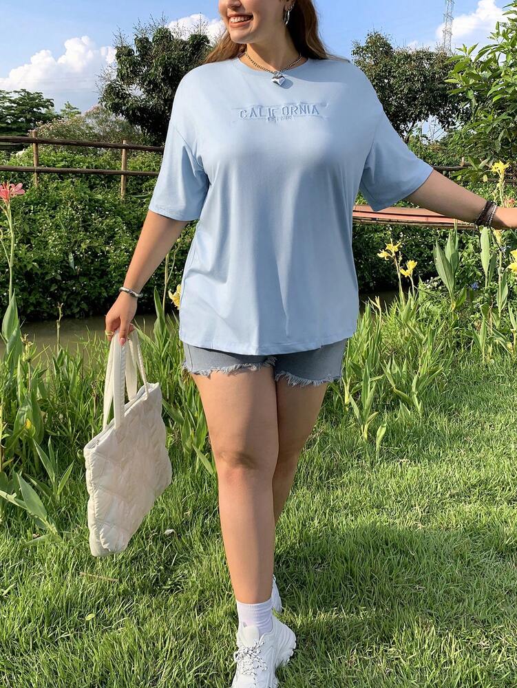Plus Size Women's Letter Embroidery Drop Shoulder Tee Casual Loose Fit Short Sleeve Summer Top Fashionable Everyday Outfit For Ladies