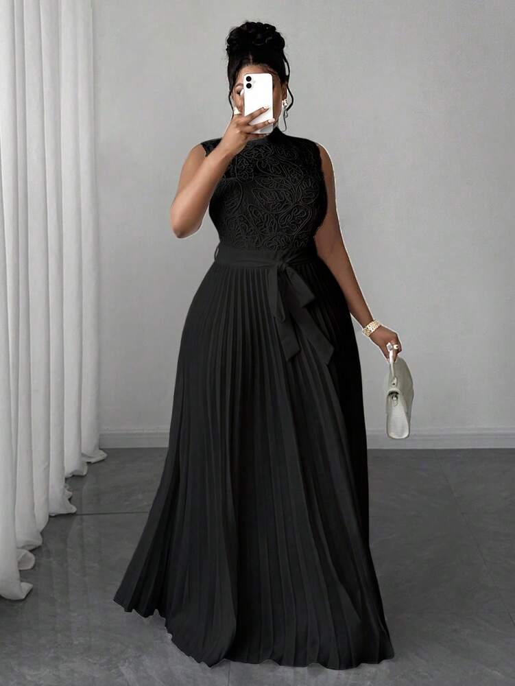 Plus Size Women's Contrast Lace Sleeveless Dress Pleated Hem Elegant Waist Casual Summer Evening Party Wear Clothing Vacation Style