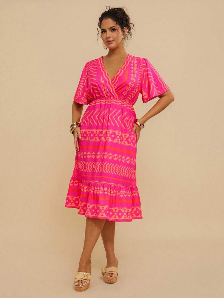Plus Size Women's Striped Rose Red V Neck Midi Dress Ruched Waist A Line Casual Vacation Resort Wear Boho Chic Summer Holiday Outfit