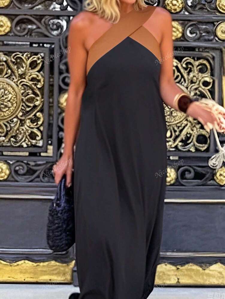 Plus Size Women's Color Block Maxi Dress Sleeveless V Neck Elegant Style Casual Daily Commute Beach Vacation Party Wear Clothing Outfit