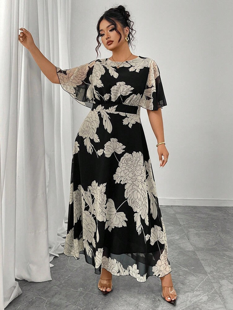 Plus Size Women's Elegant Chiffon Maxi Dress Round Neck Ruffle Flare Sleeve Fitted Flowy Style Fashion Spring Summer Evening Outfit