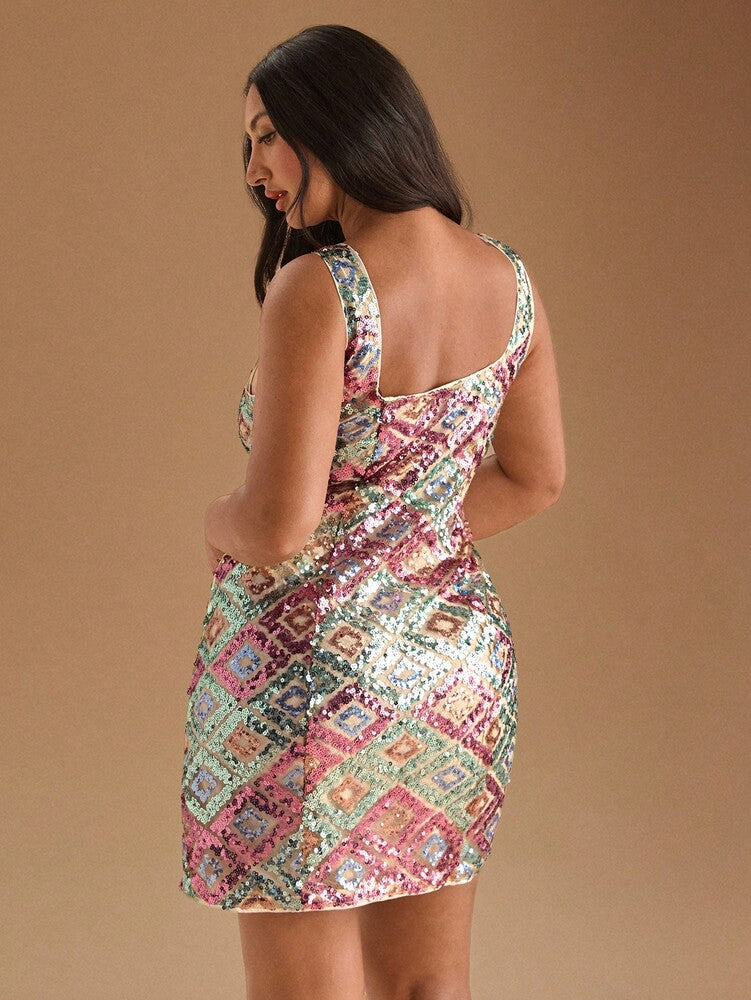 Plus Size Women's Sequin Mini Dress Scoop Neck Sleeveless Slim Fit Elegant Sparkling Evening Party Clubwear Birthday Wedding Guest Outfit