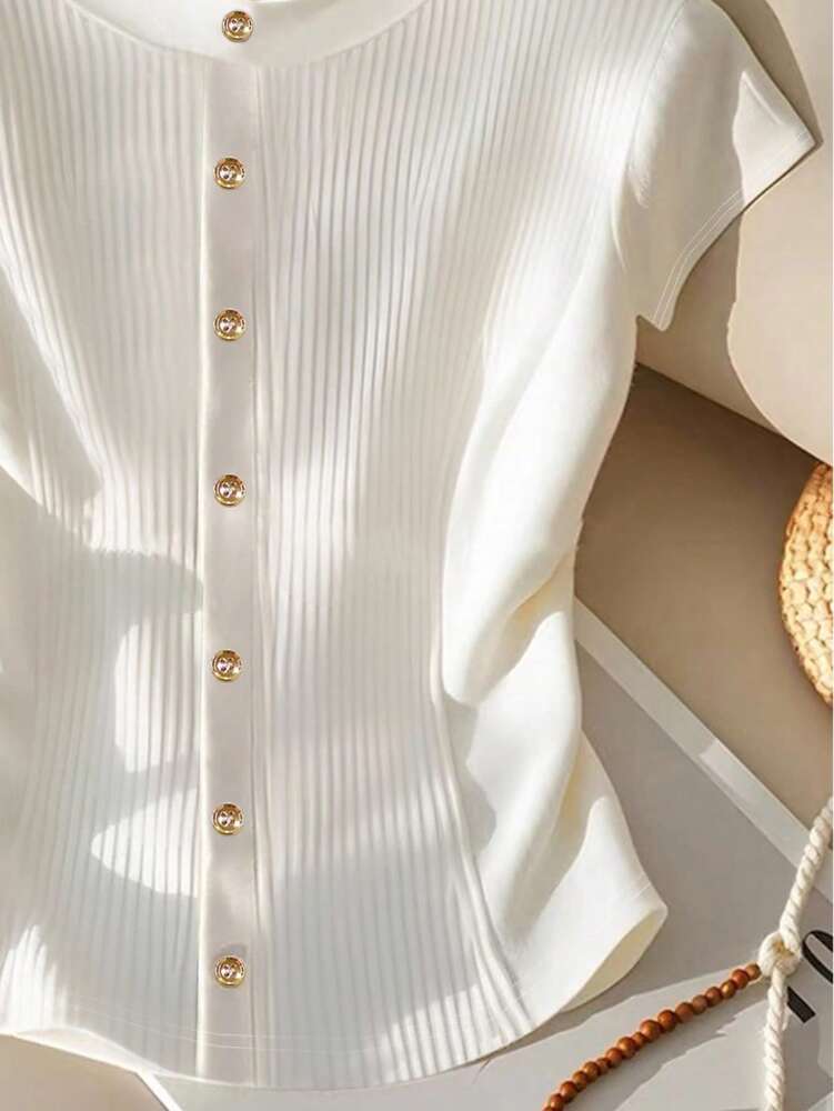 Plus Size Women's Solid Color Button Front Ruffle Hem Short Sleeve T Shirt Casual Summer Blouse Comfortable Fashion Outfit For Ladies
