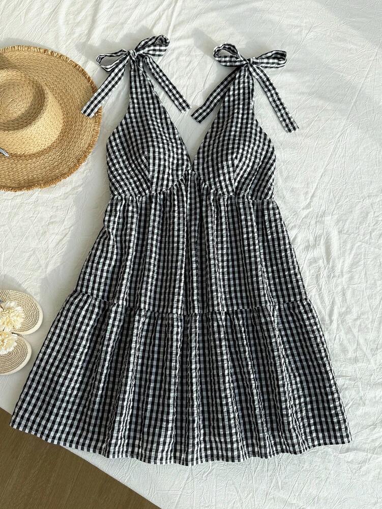 Plus Size Women's Black White Plaid V Neck Tie Front Casual Dress Babydoll Style Vacation Country Concert Work Teacher Office Outfit