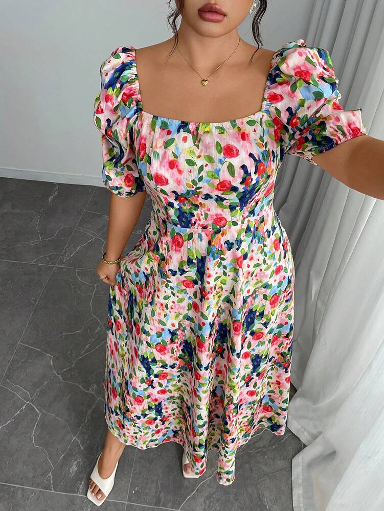 Plus Size Women's Printed A Line Dress Square Neck Puff Sleeve Ruched Hem Casual Elegant Style Comfortable Fashion Summer Outfit