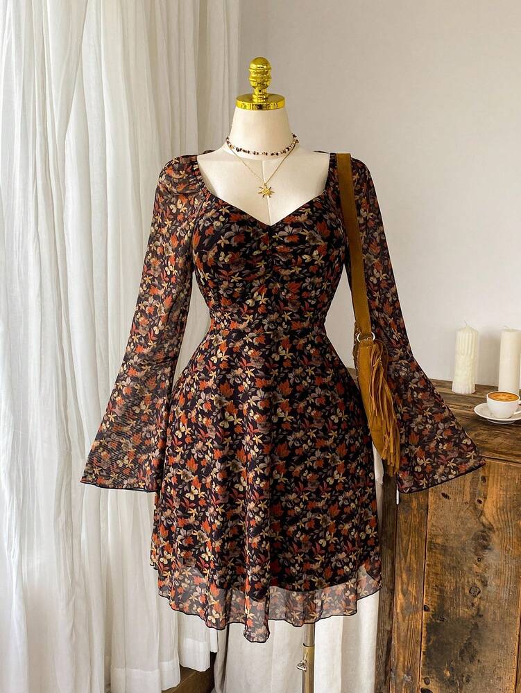 Plus Size Women's Maple Leaf Print Long Sleeve Casual Dress Autumn Winter Fall Fashion Clothing Comfortable Daily Outfit Holiday Style