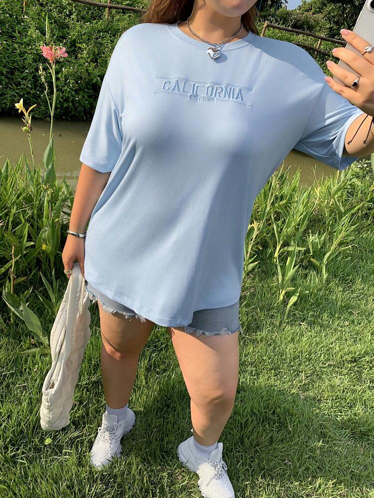 Plus Size Women's Letter Embroidery Drop Shoulder Tee Casual Loose Fit Short Sleeve Summer Top Fashionable Everyday Outfit For Ladies
