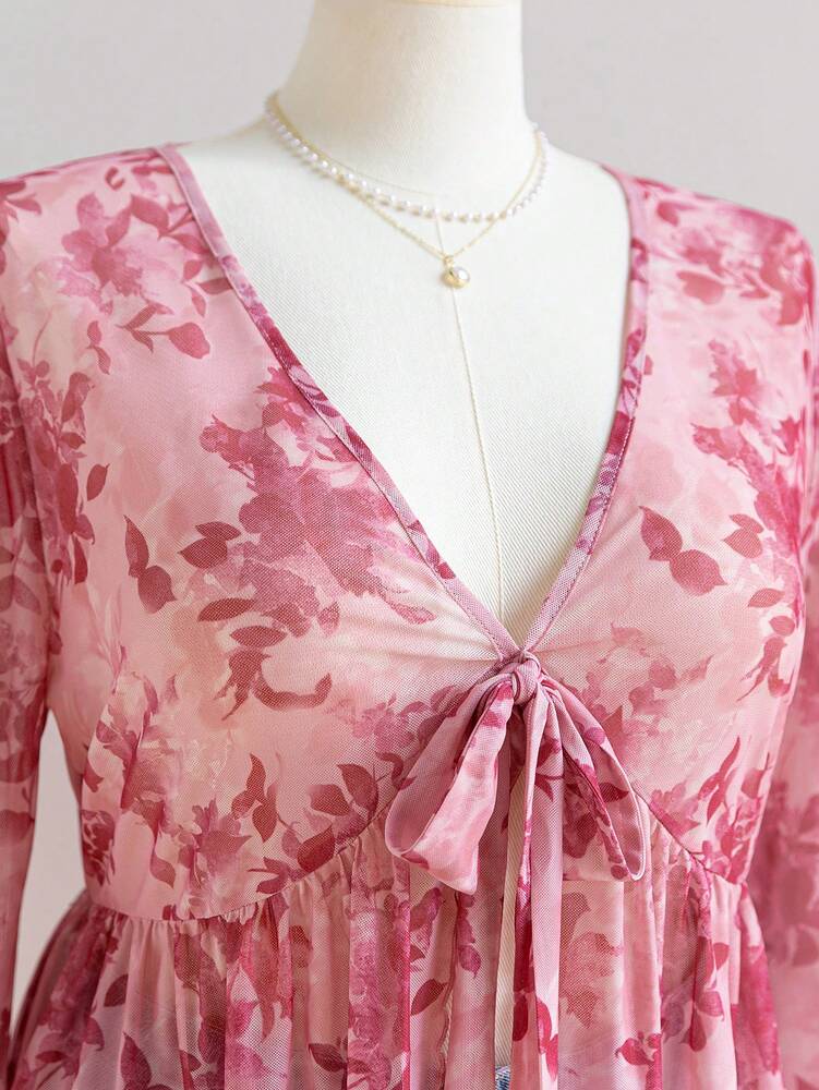 Plus Size Women's Floral Print Mesh Cardigan With Cinched Waist Bell Sleeve Casual Vacation Outfit Fall Winter Holiday Clothing Fashion