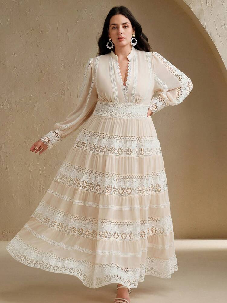 Plus Size Women's Hollow Lace Patchwork Floral Maxi Dress Romantic Elegant French Palace Style Spring Festival Holiday Fashion Outfit