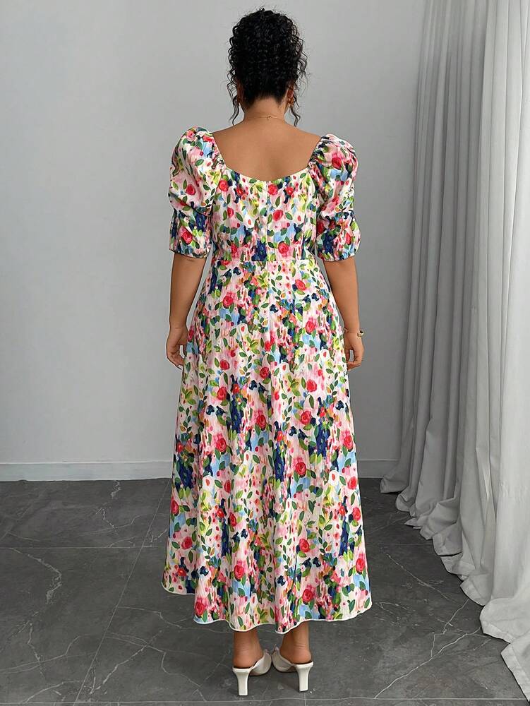 Plus Size Women's Printed A Line Dress Square Neck Puff Sleeve Ruched Hem Casual Elegant Style Comfortable Fashion Summer Outfit
