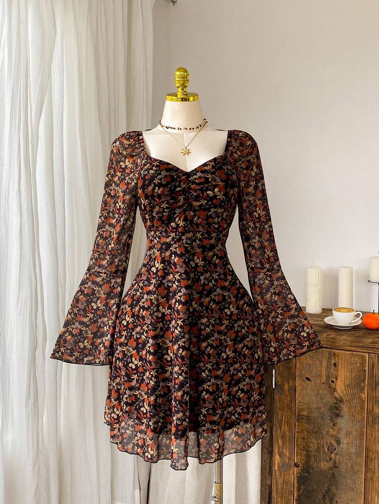 Plus Size Women's Maple Leaf Print Long Sleeve Casual Dress Autumn Winter Fall Fashion Clothing Comfortable Daily Outfit Holiday Style