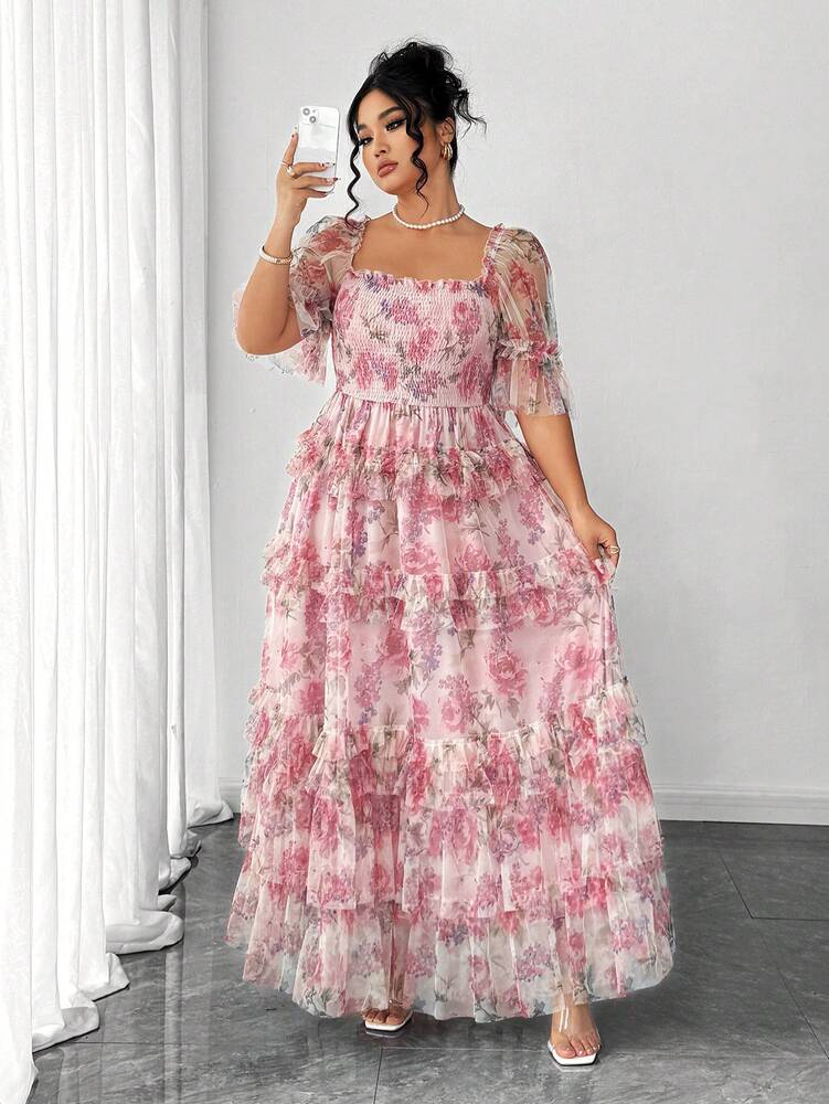 Plus Size Women's Romantic Floral Mesh Inlay Knitted Dress Elegant Sundress Casual Cocktail Party Birthday Spring Break Fashion Outfit