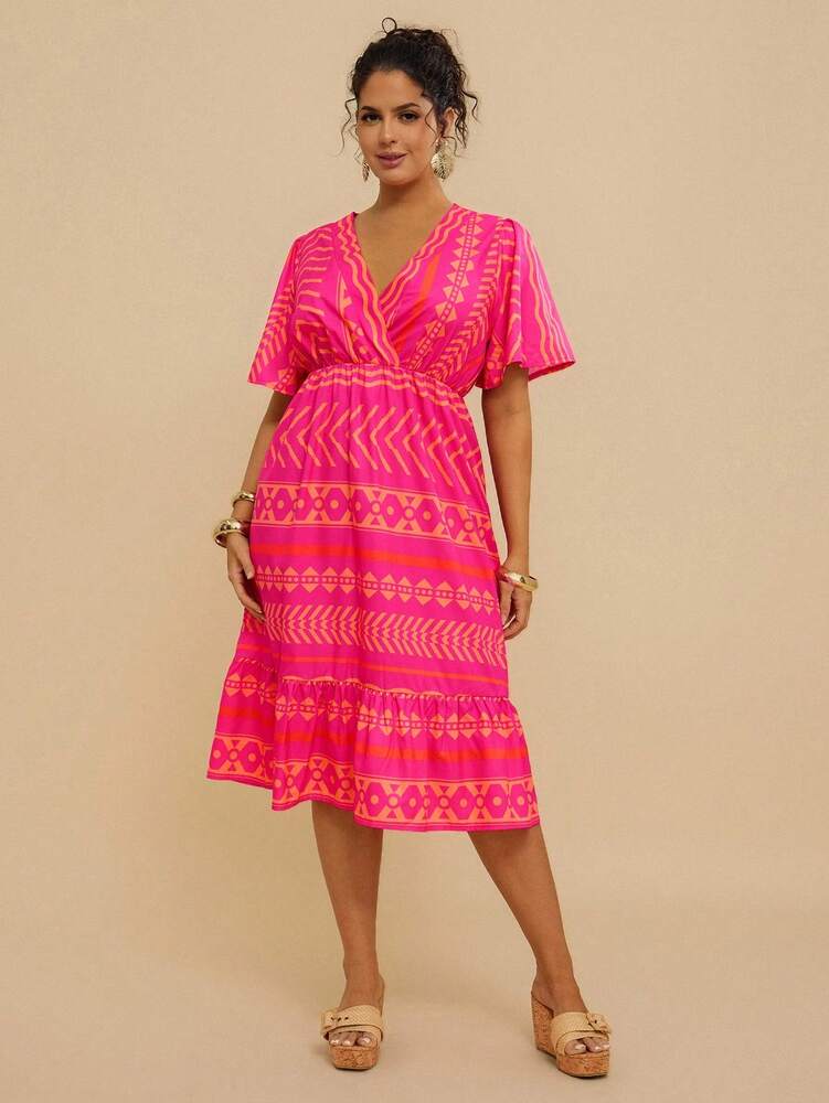 Plus Size Women's Striped Rose Red V Neck Midi Dress Ruched Waist A Line Casual Vacation Resort Wear Boho Chic Summer Holiday Outfit