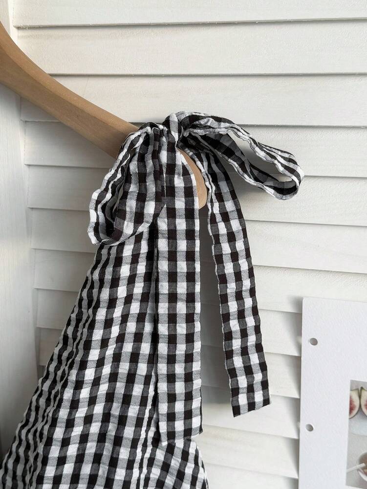 Plus Size Women's Black White Plaid V Neck Tie Front Casual Dress Babydoll Style Vacation Country Concert Work Teacher Office Outfit