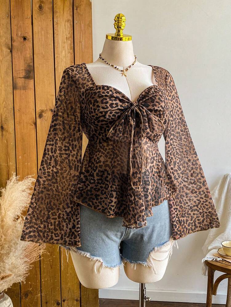 Plus Size Women's Vintage Leopard Print Puff Sleeve Crew Neck Top Casual Autumn Winter Fashion Blouse Comfortable Fall Clothing Outfit