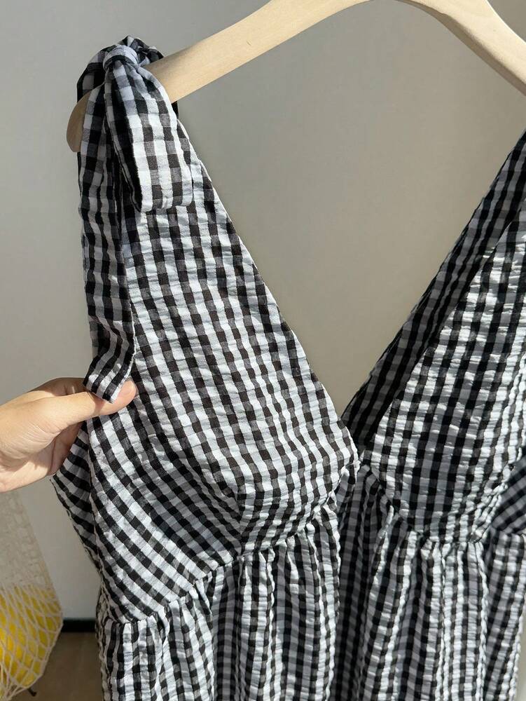 Plus Size Women's Black White Plaid V Neck Tie Front Casual Dress Babydoll Style Vacation Country Concert Work Teacher Office Outfit