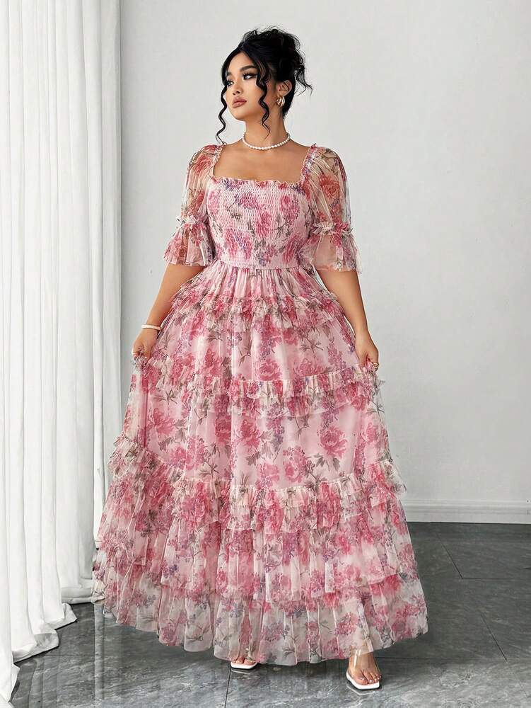 Plus Size Women's Romantic Floral Mesh Inlay Knitted Dress Elegant Sundress Casual Cocktail Party Birthday Spring Break Fashion Outfit