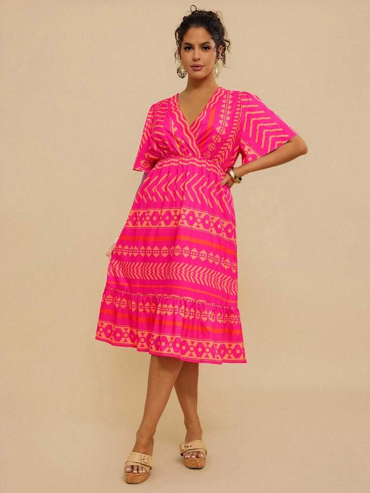 Plus Size Women's Striped Rose Red V Neck Midi Dress Ruched Waist A Line Casual Vacation Resort Wear Boho Chic Summer Holiday Outfit