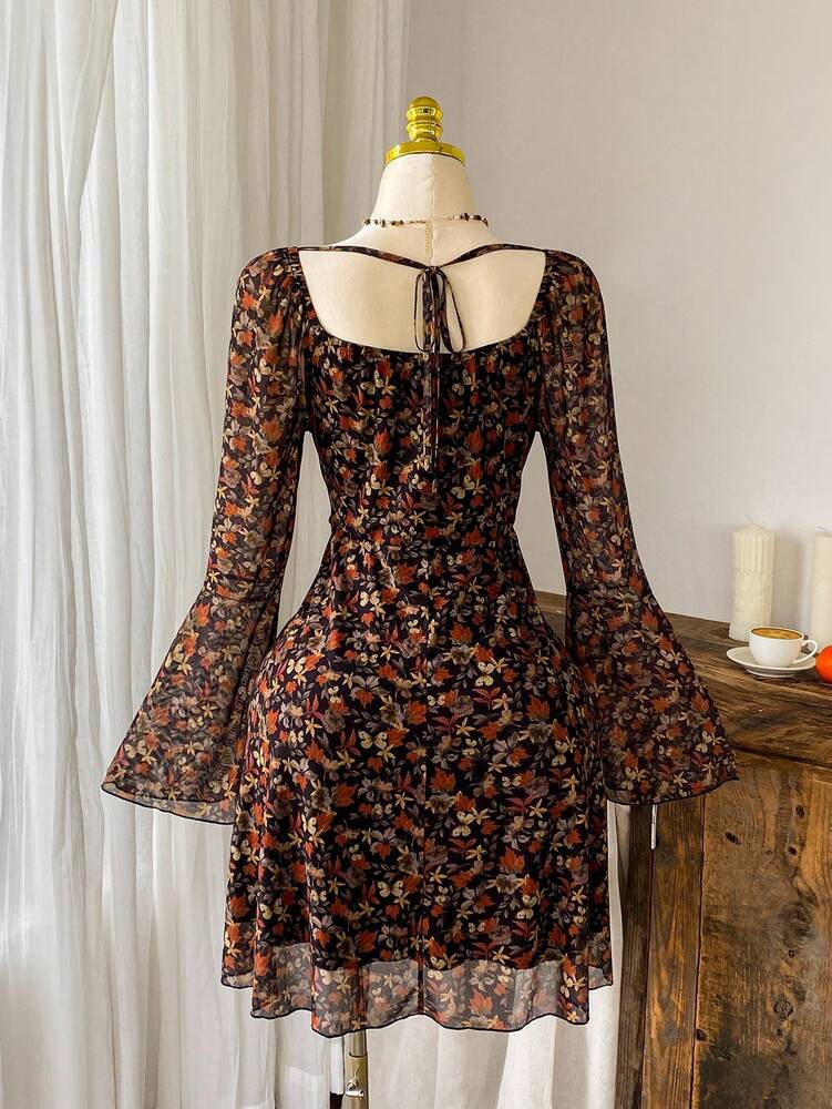 Plus Size Women's Maple Leaf Print Long Sleeve Casual Dress Autumn Winter Fall Fashion Clothing Comfortable Daily Outfit Holiday Style