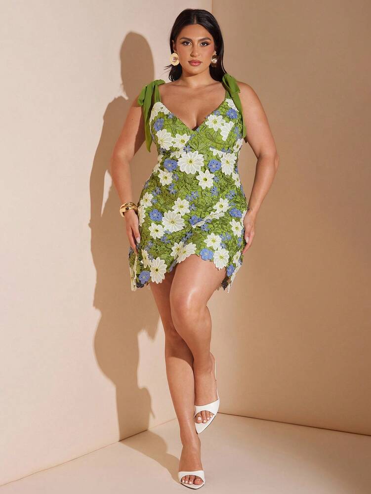 Plus Size Women's Green Floral Embroidered Lace Mini Dress Sleeveless Shoulder Strap Romantic Elegant Outfit Wedding Vacation Summer Wear