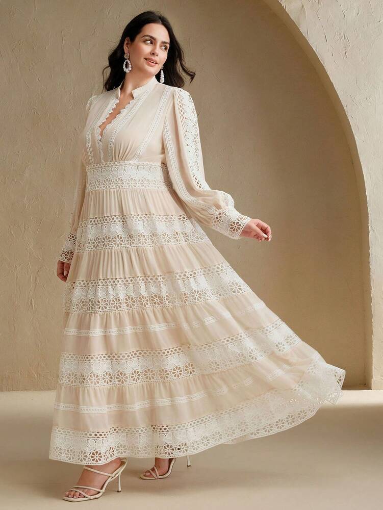 Plus Size Women's Hollow Lace Patchwork Floral Maxi Dress Romantic Elegant French Palace Style Spring Festival Holiday Fashion Outfit