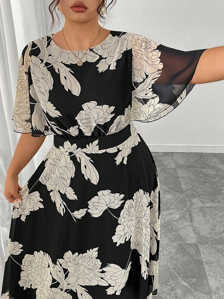 Plus Size Women's Elegant Chiffon Maxi Dress Round Neck Ruffle Flare Sleeve Fitted Flowy Style Fashion Spring Summer Evening Outfit