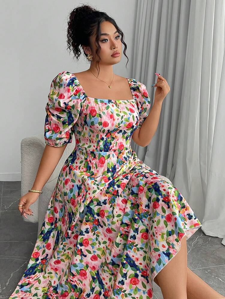 Plus Size Women's Printed A Line Dress Square Neck Puff Sleeve Ruched Hem Casual Elegant Style Comfortable Fashion Summer Outfit
