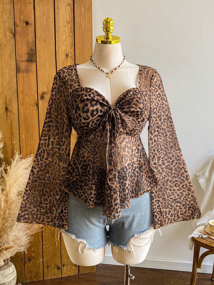 Plus Size Women's Vintage Leopard Print Puff Sleeve Crew Neck Top Casual Autumn Winter Fashion Blouse Comfortable Fall Clothing Outfit