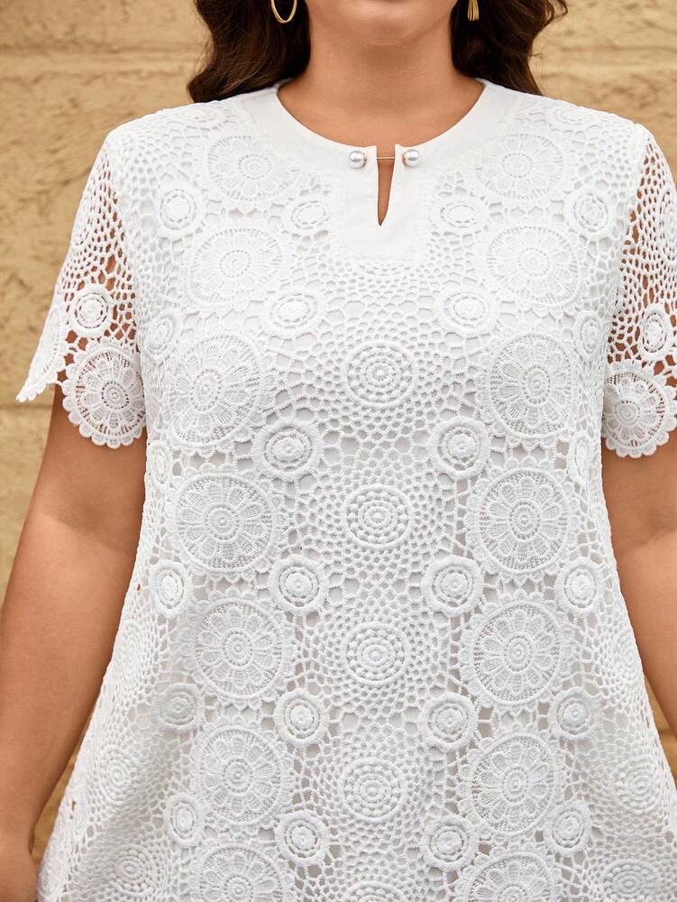 Plus Size Women's Lace Ruffle Hem A Line Dress Round Neck Short Sleeve Elegant Formal Gown Party Prom Wedding Guest Outfit Vacation Wear