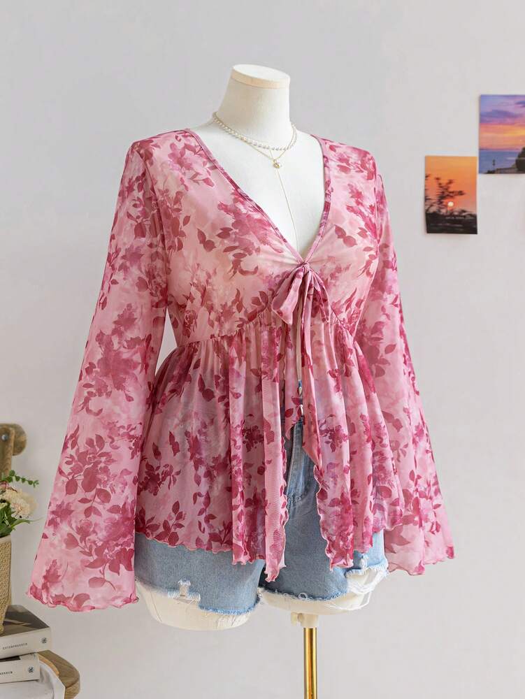 Plus Size Women's Floral Print Mesh Cardigan With Cinched Waist Bell Sleeve Casual Vacation Outfit Fall Winter Holiday Clothing Fashion