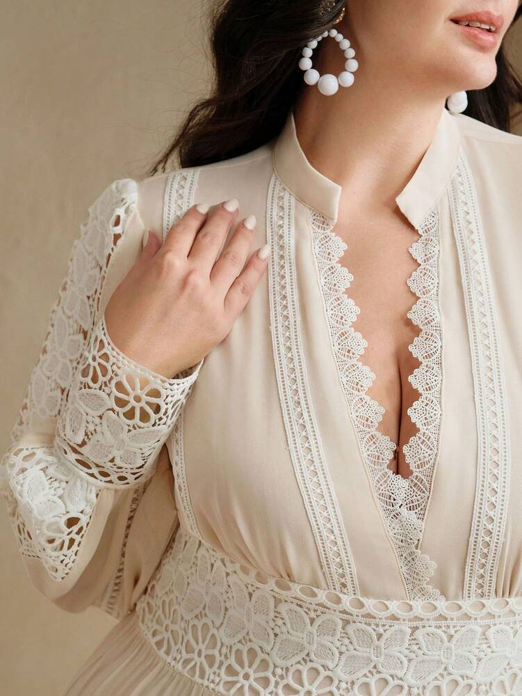 Plus Size Women's Hollow Lace Patchwork Floral Maxi Dress Romantic Elegant French Palace Style Spring Festival Holiday Fashion Outfit