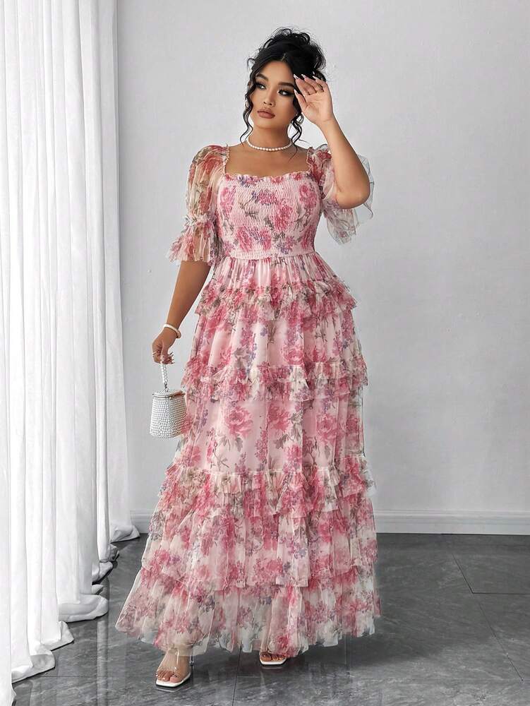 Plus Size Women's Romantic Floral Mesh Inlay Knitted Dress Elegant Sundress Casual Cocktail Party Birthday Spring Break Fashion Outfit